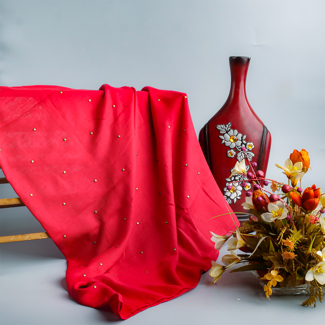 Studded Lawn Red Scarf